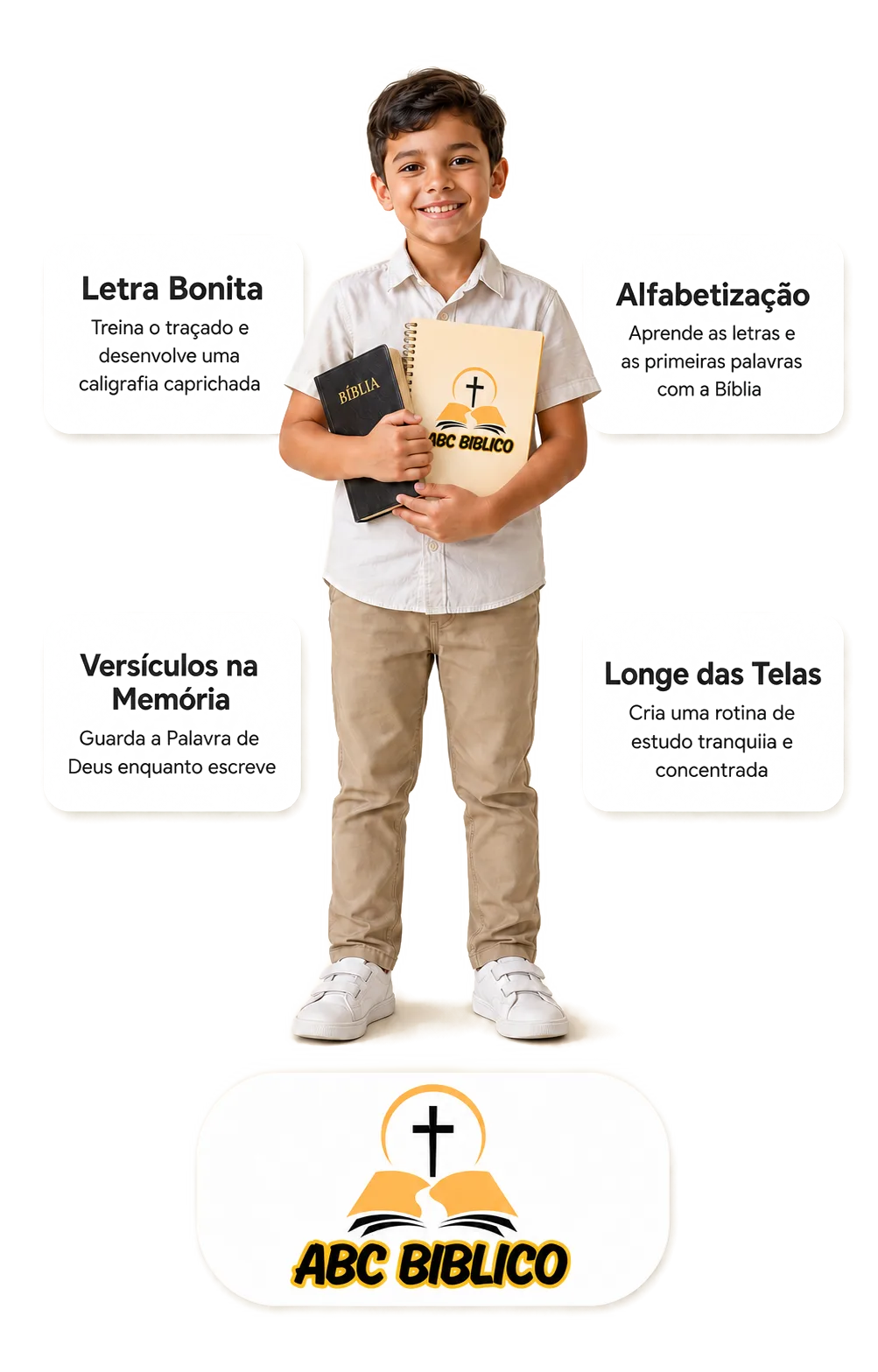 ABC Bíblico - menino com a Bíblia e o material, benefícios: letra bonita, alfabetização, versículos na memória, longe das telas